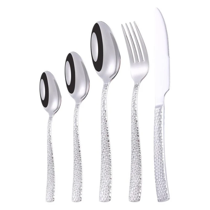Cross-border 304 Stainless Steel Knife, Fork and Spoon Tableware Hotel Western Food Square Handle Thickened Water Cube Hammer Steak Knife, Fork and Spoon