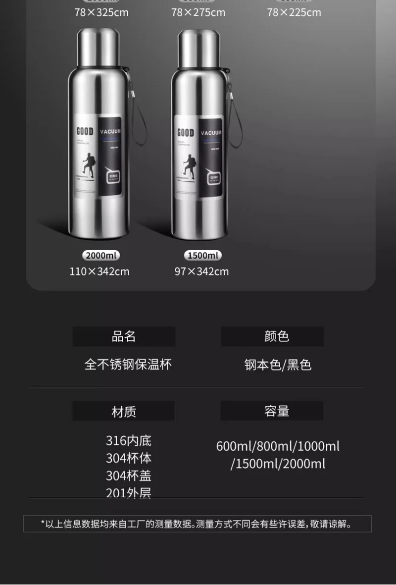 Large Capacity 316 Stainless Steel All-Steel Pot Men's Outdoor Travel Mountaineering Portable Thermos Cup Wholesale Cross-Border