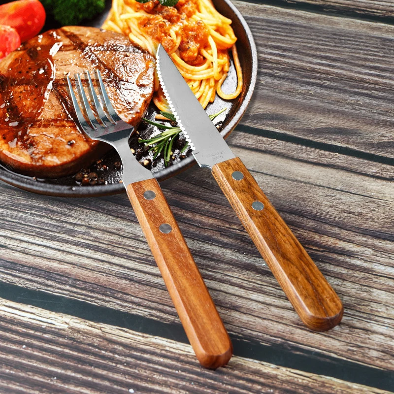 Cross-border Wooden Handle Steak Knife and Fork Two-piece Set Household Western-style Tableware Stainless Steel Main Knife Dishpoint Fork in stock Batch