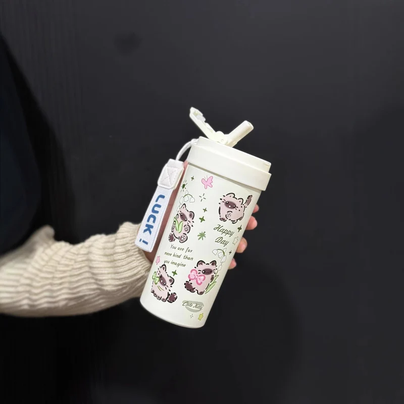 New cute thermos cup 316 stainless steel coffee cup portable double drink portable men's and women's straw accompanying cup