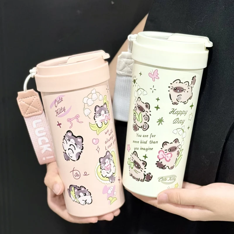 New cute thermos cup 316 stainless steel coffee cup portable double drink portable men's and women's straw accompanying cup