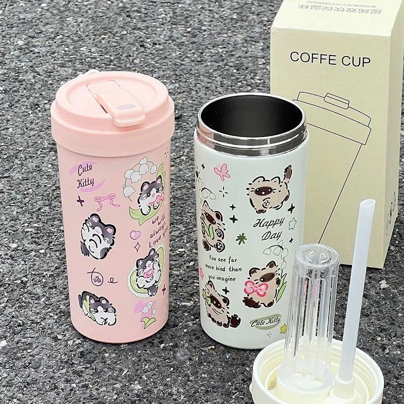 New cute thermos cup 316 stainless steel coffee cup portable double drink portable men's and women's straw accompanying cup