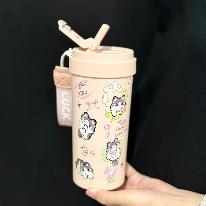 New cute thermos cup 316 stainless steel coffee cup portable double drink portable men's and women's straw accompanying cup