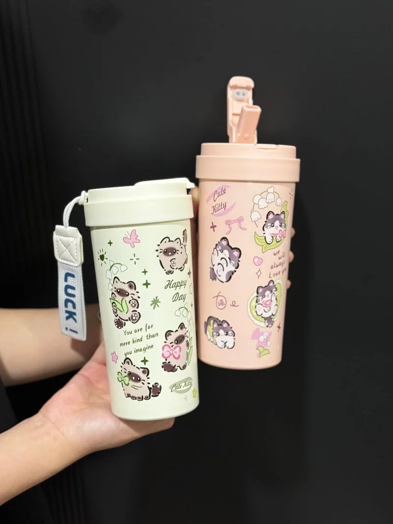 New cute thermos cup 316 stainless steel coffee cup portable double drink portable men's and women's straw accompanying cup