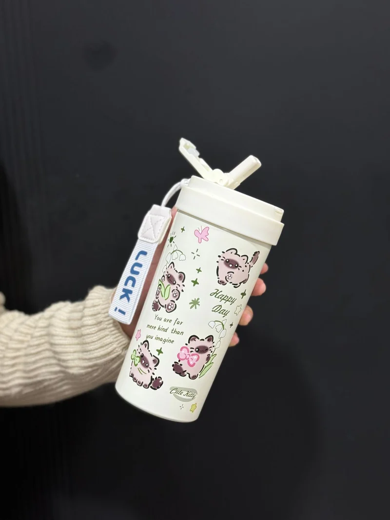New cute thermos cup 316 stainless steel coffee cup portable double drink portable men's and women's straw accompanying cup