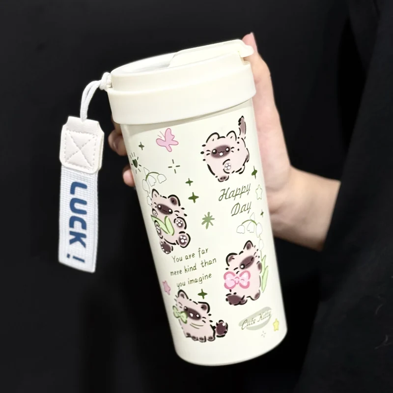 New cute thermos cup 316 stainless steel coffee cup portable double drink portable men's and women's straw accompanying cup