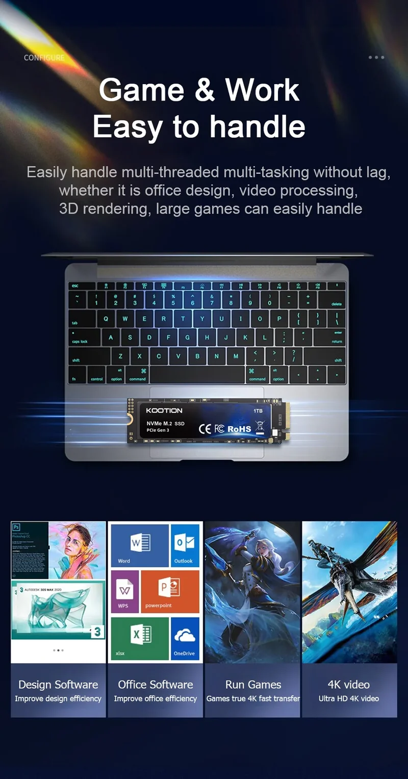KOOTION SSD NVMe M.2 2280 2TB 1TB 512GB 256GB Internal Solid State Hard Disk PCIe 3.0x4 Gen3 M2 SSD Drive for PC Laptop Desktop