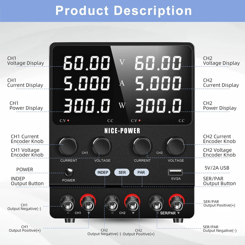 NICE POWER SPS605-2KD DC Regulated Switching Power Supply 60V 10A 120V 5A 600W Adjustable Dual Channel Lab Digital Power Supply