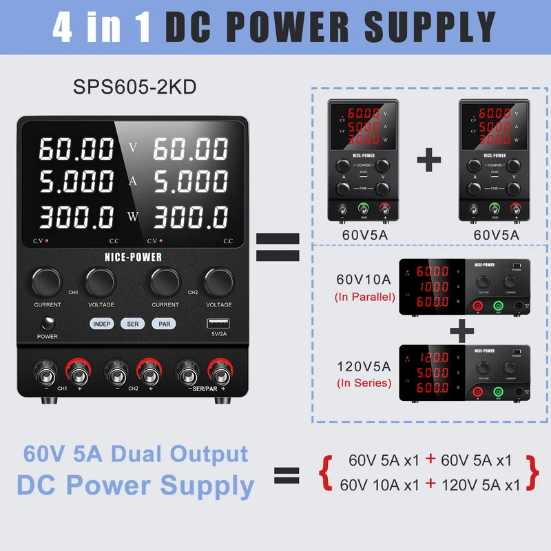 NICE POWER SPS605-2KD DC Regulated Switching Power Supply 60V 10A 120V 5A 600W Adjustable Dual Channel Lab Digital Power Supply