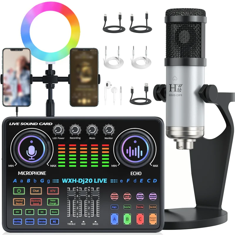 DJ20 Live Sound Card Audio Mixer 48V Capacitive Microphone Sound Card Full Set Mobile Phone Live Streaming Karaoke Sound Card