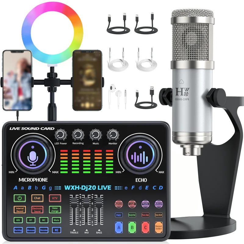 DJ20 Live Sound Card Audio Mixer 48V Capacitive Microphone Sound Card Full Set Mobile Phone Live Streaming Karaoke Sound Card