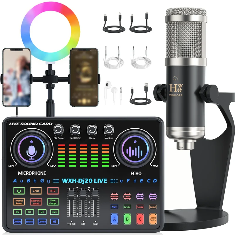 DJ20 Live Sound Card Audio Mixer 48V Capacitive Microphone Sound Card Full Set Mobile Phone Live Streaming Karaoke Sound Card