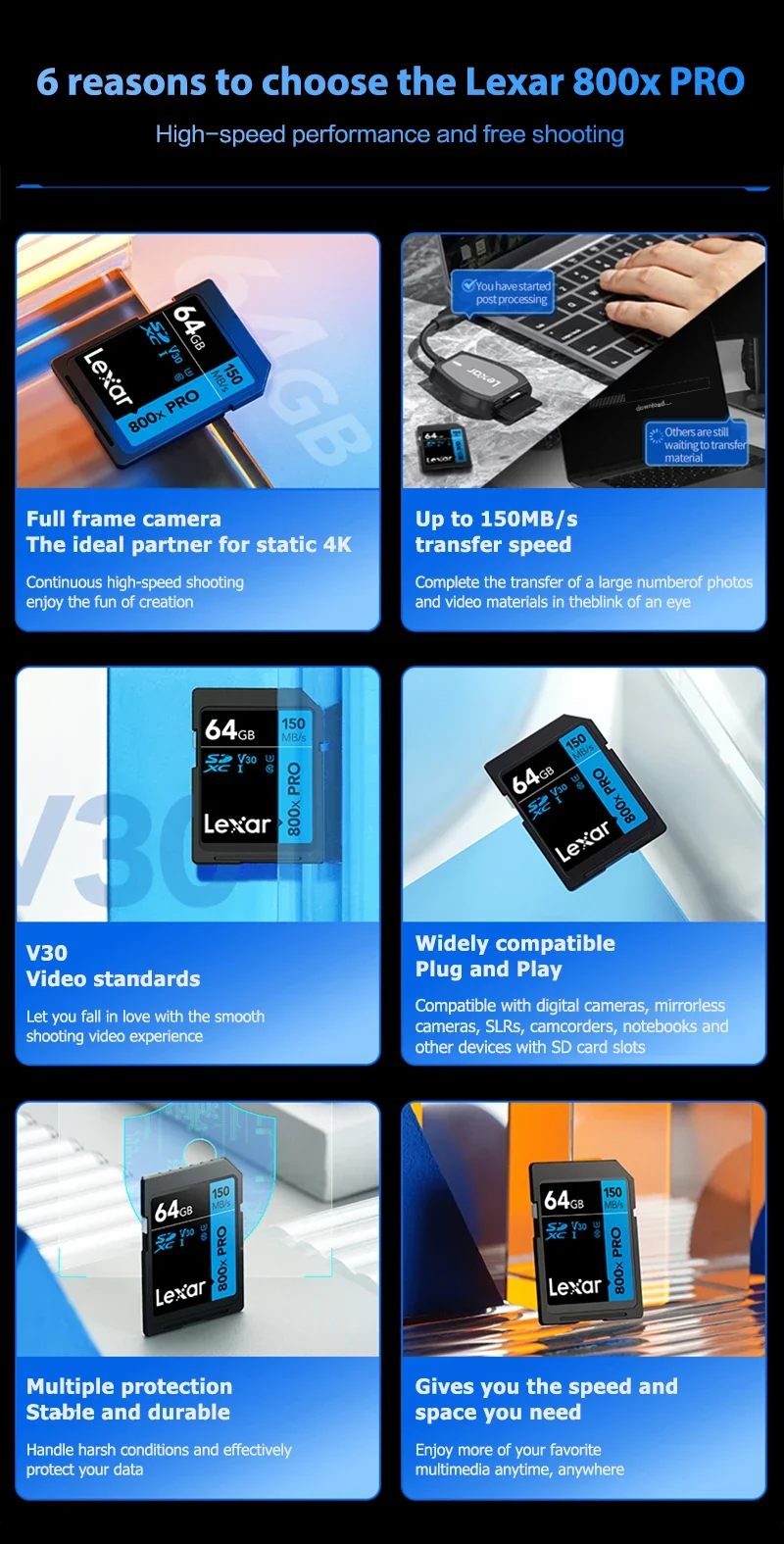 Lexar SD Card 800x Pro Read 150MB/s SDXC Flash Card 64GB 128GB 256GB V30 UHS-I SDHC 32GB Memory Card Storage Card For Camera
