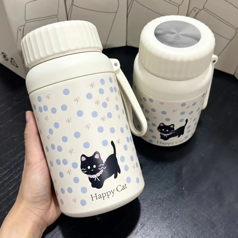 Cartoon cute high-value large-capacity new thermos stainless steel outdoor sports portable rope coffee cup