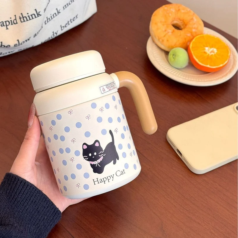 Cartoon cute high-value large-capacity new thermos stainless steel outdoor sports portable rope coffee cup