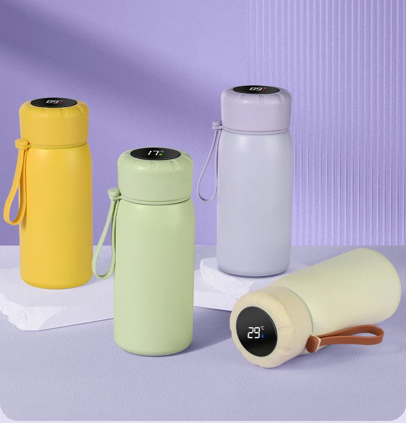 Intelligent temperature display thermos cup 316 stainless steel thermos cup solid color simple flower tea cup women's portable carrying rope accompanying cup