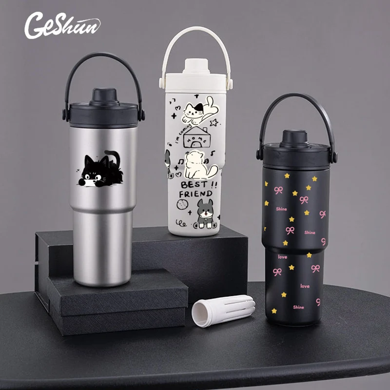 Cross-border high-value 316 stainless steel thermos cup large-capacity double-drink ceramic liner car cup portable handle cup