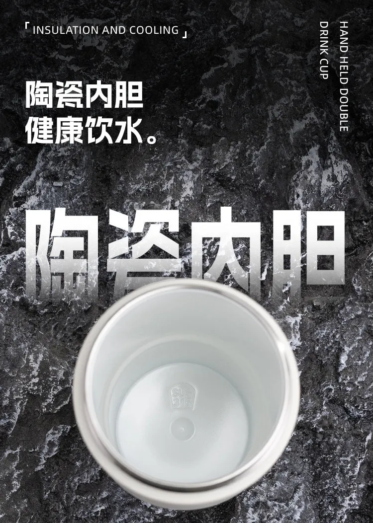Cross-border high-value 316 stainless steel thermos cup large-capacity double-drink ceramic liner car cup portable handle cup