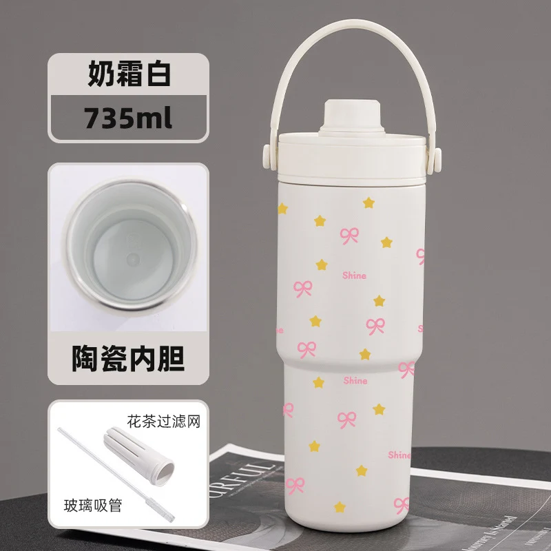 Cross-border high-value 316 stainless steel thermos cup large-capacity double-drink ceramic liner car cup portable handle cup