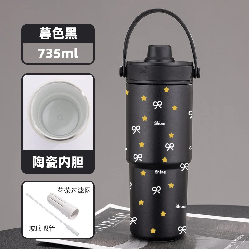 Cross-border high-value 316 stainless steel thermos cup large-capacity double-drink ceramic liner car cup portable handle cup