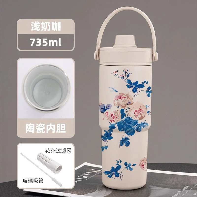 Cross-border high-value 316 stainless steel thermos cup large-capacity double-drink ceramic liner car cup portable handle cup