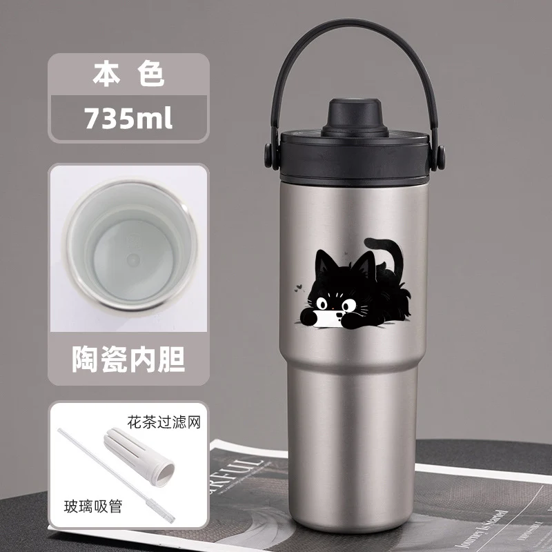 Cross-border high-value 316 stainless steel thermos cup large-capacity double-drink ceramic liner car cup portable handle cup
