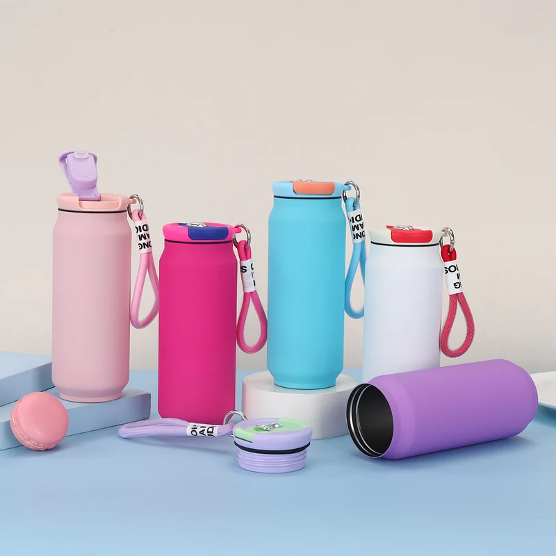New Style 304 Stainless Steel Thermos Outdoor Portable Cans Lanyard Accompaniably Cups Solid Color Household Straight Water Cup