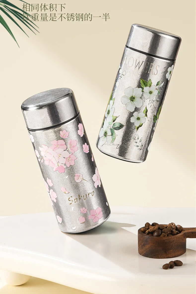 Pocket Insulated Cup Mini Compact Wave Cherry Blossom Rose Pure Titanium Coffee Mug Couple Portable Cute Healing Travel Companion