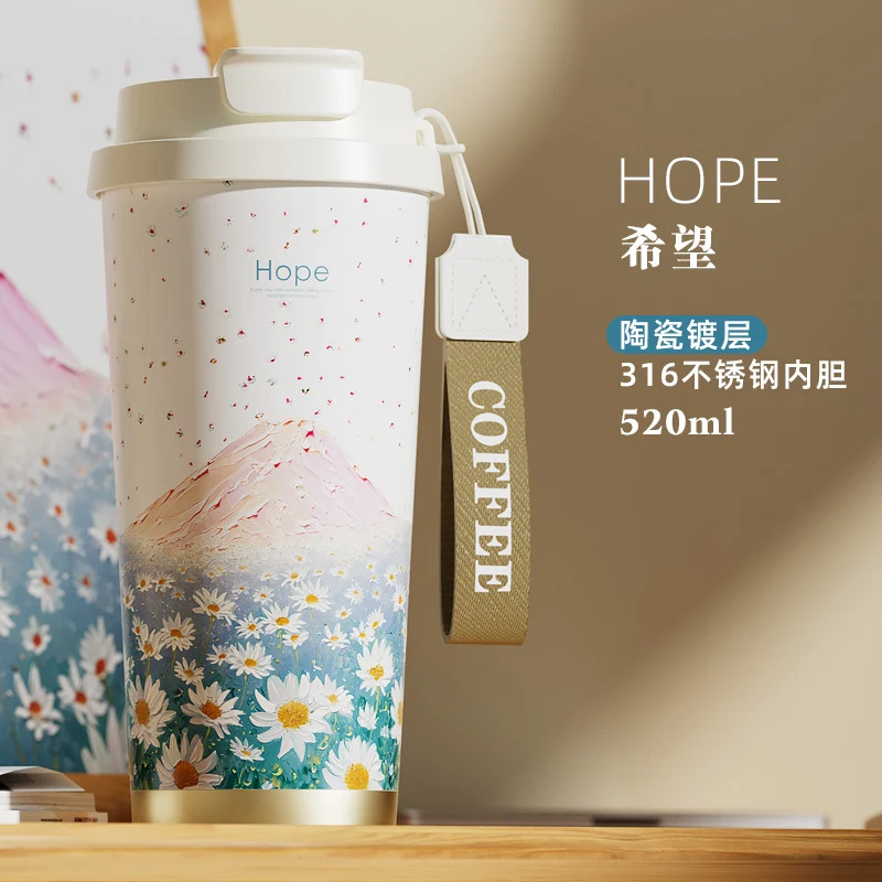 New Ceramic Thermos Coffee Cup for Girls, a Lucky Charm with High Aesthetic Value, Double Drinking Cup, Lily of the Valley Gift Cup