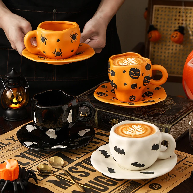 Creative Halloween-Themed Ceramic Cup and Saucer, Irregular Personalized Coffee Cup and Saucer with Pumpkin and Bat Patterns