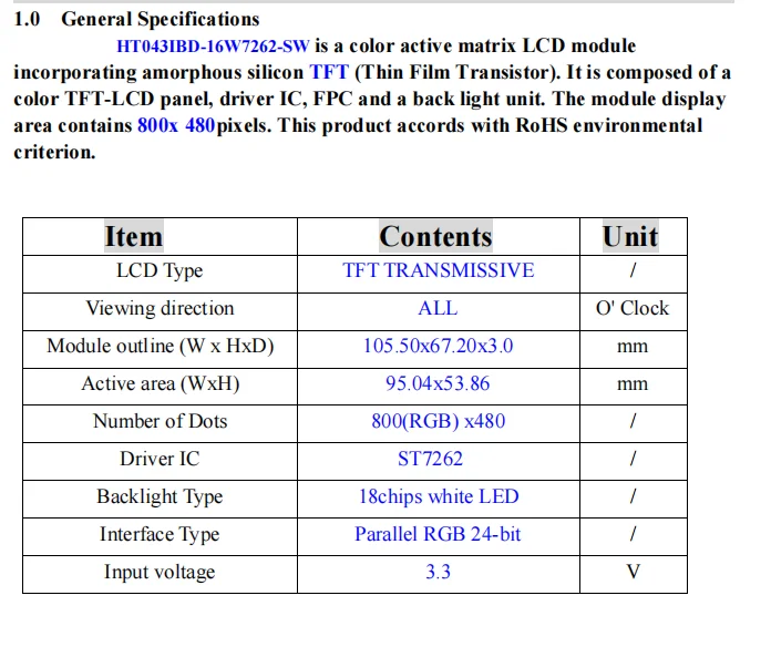 IPS Display 4.3 Inch with 800x480 Resolution RGB Communication IPS 1000 High Brightness LCD Screen
