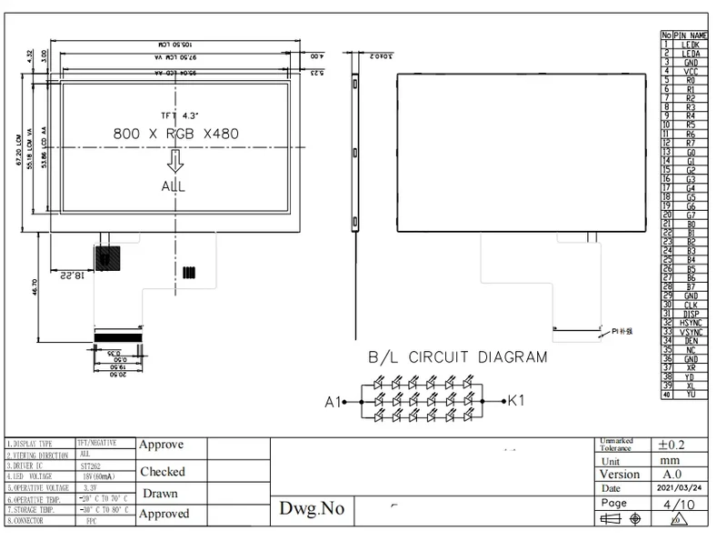 IPS Display 4.3 Inch with 800x480 Resolution RGB Communication IPS 1000 High Brightness LCD Screen