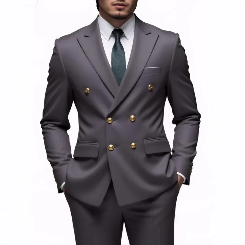 Fashion New Men's Leisure Boutique Business Banquet Solid Color Wedding Double Breasted Slim Fit Suit Blazers Jacket Pants