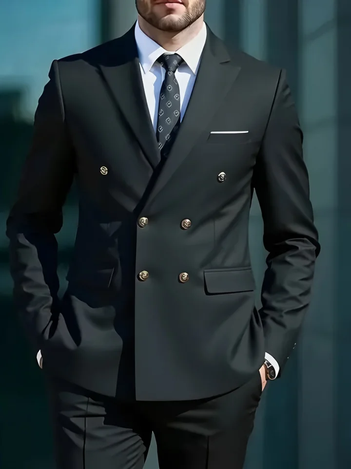 Fashion New Men's Leisure Boutique Business Banquet Solid Color Wedding Double Breasted Slim Fit Suit Blazers Jacket Pants