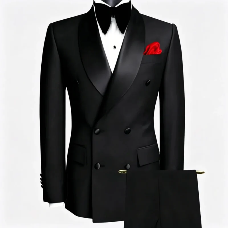 Men Suit Black 2 Pieces Double Button With Black Lapel For Wedding Groom Business Birthday Banquet Work Suit Jacket And Pants