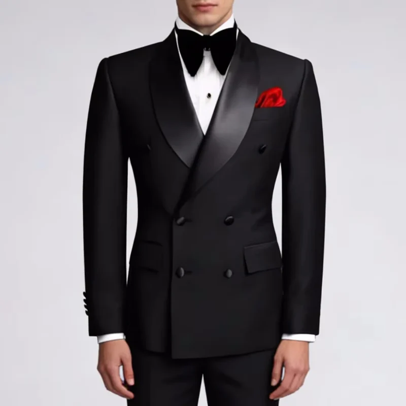 Men Suit Black 2 Pieces Double Button With Black Lapel For Wedding Groom Business Birthday Banquet Work Suit Jacket And Pants