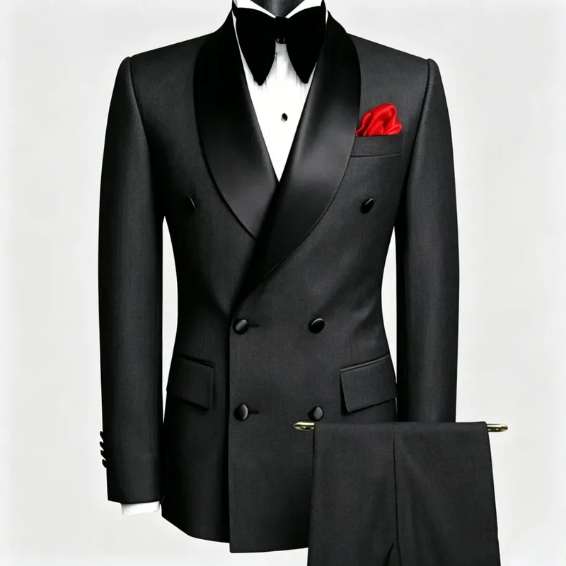 Men Suit Black 2 Pieces Double Button With Black Lapel For Wedding Groom Business Birthday Banquet Work Suit Jacket And Pants