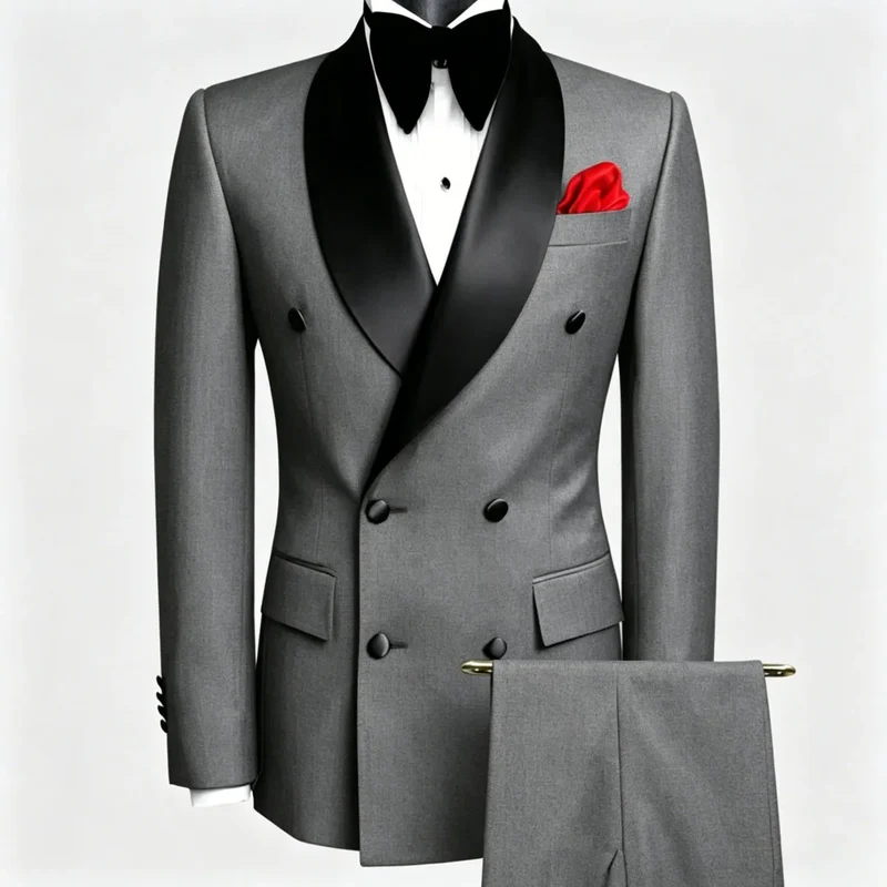 Men Suit Black 2 Pieces Double Button With Black Lapel For Wedding Groom Business Birthday Banquet Work Suit Jacket And Pants