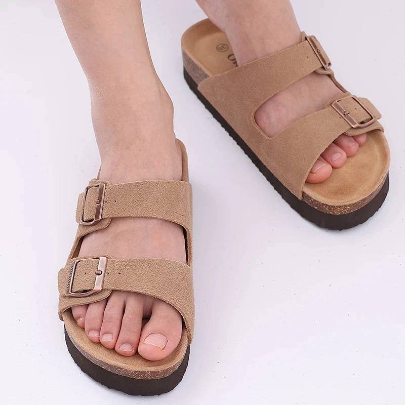 Shevalues Cork Sole Slippers For Women Men Classic Suede Summer Sandals With Arch Support Fashion Orthopedic Beach Cork Shoes