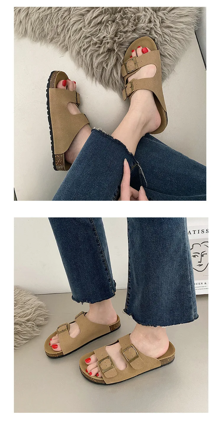 Shevalues Cork Sole Slippers For Women Men Classic Suede Summer Sandals With Arch Support Fashion Orthopedic Beach Cork Shoes