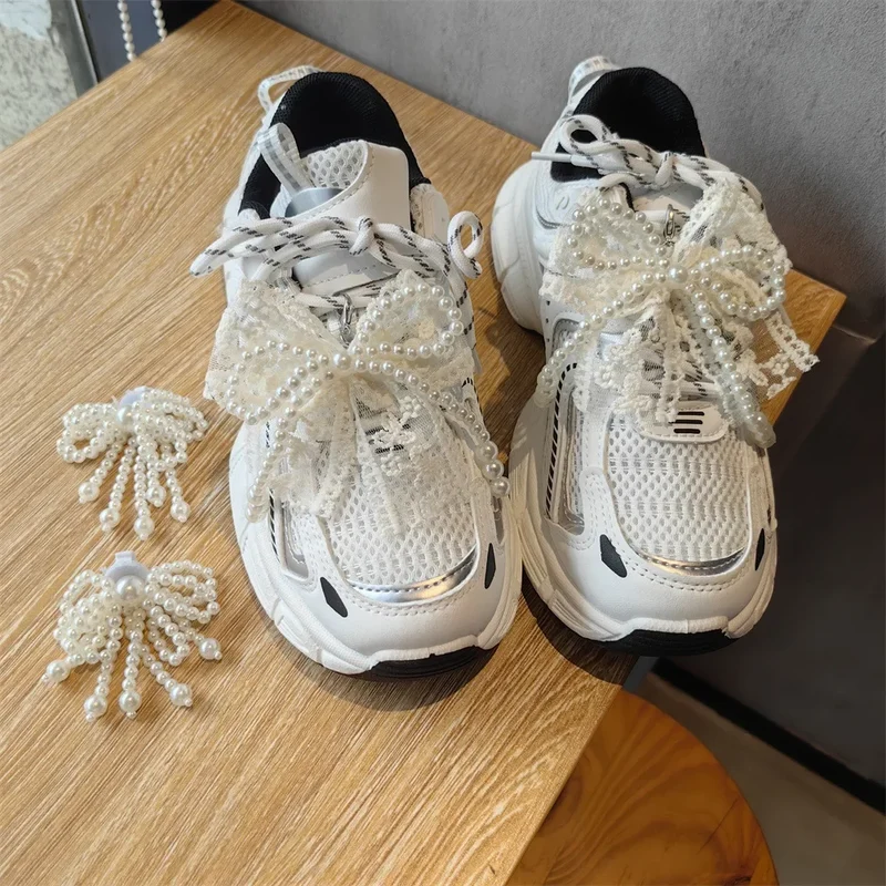 Fashion Lace Pearl Bow Shoe Laces Shoe Flower Buckle Premium Decorative Shoe Charm Accessories Charms for Sneakers Decorative
