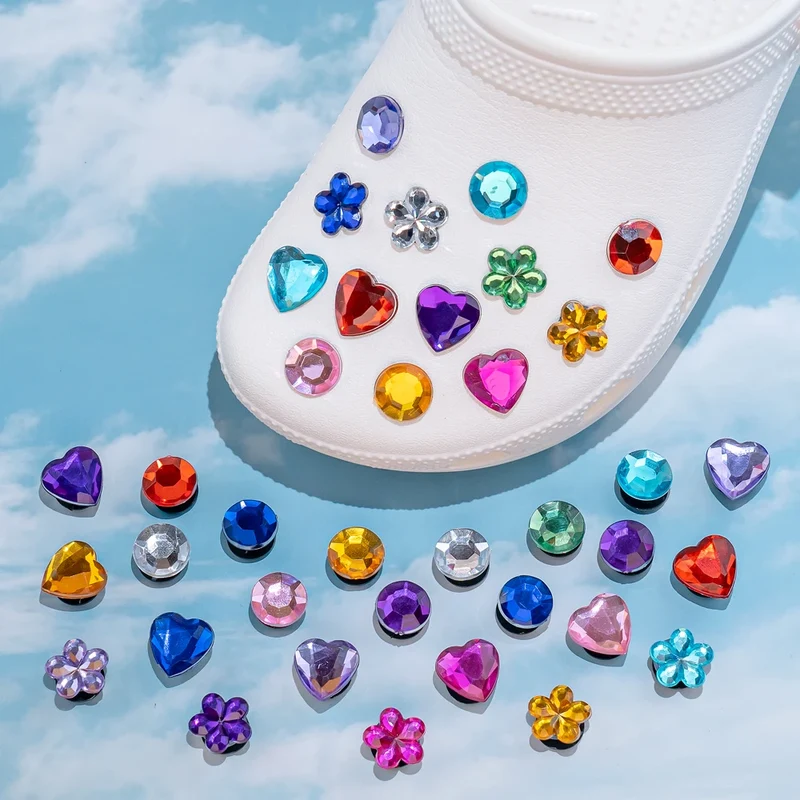 1PCS Bling Crystal PVC Shoe Charms Flower Heart Shaped Gem DIY Accessories Shoe Decorations Charms Transparent Diamond