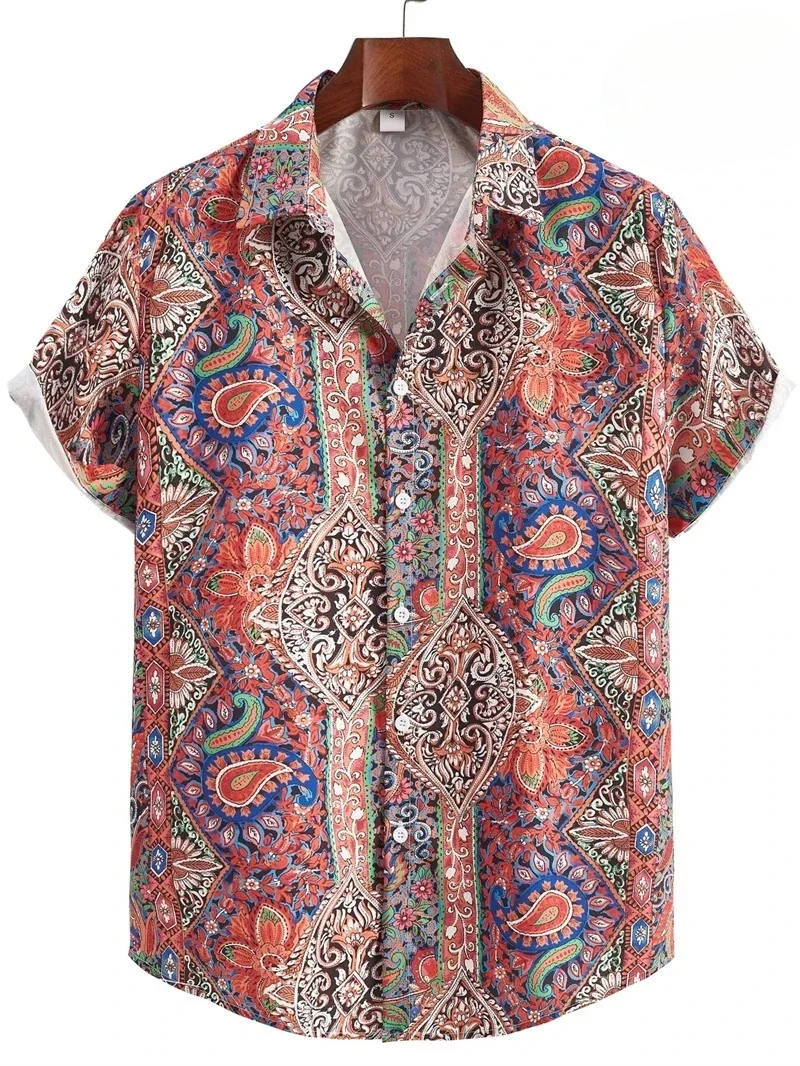 Hawaii Shirts for Men 3D Paisley Graphic Short-sleeved T-shirt Casual Lapel Buttons Male Tops Summer Oversized Bohemian Man Tees