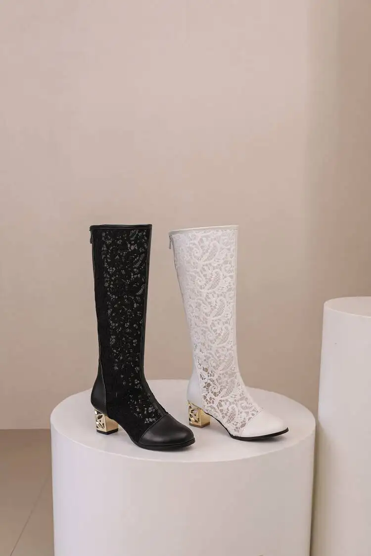 Spring and Autumn New Style Fashion square Heel Mesh Hollow Women's Boots Sweet Breathable knee high boots high 5.5cm size 34-47