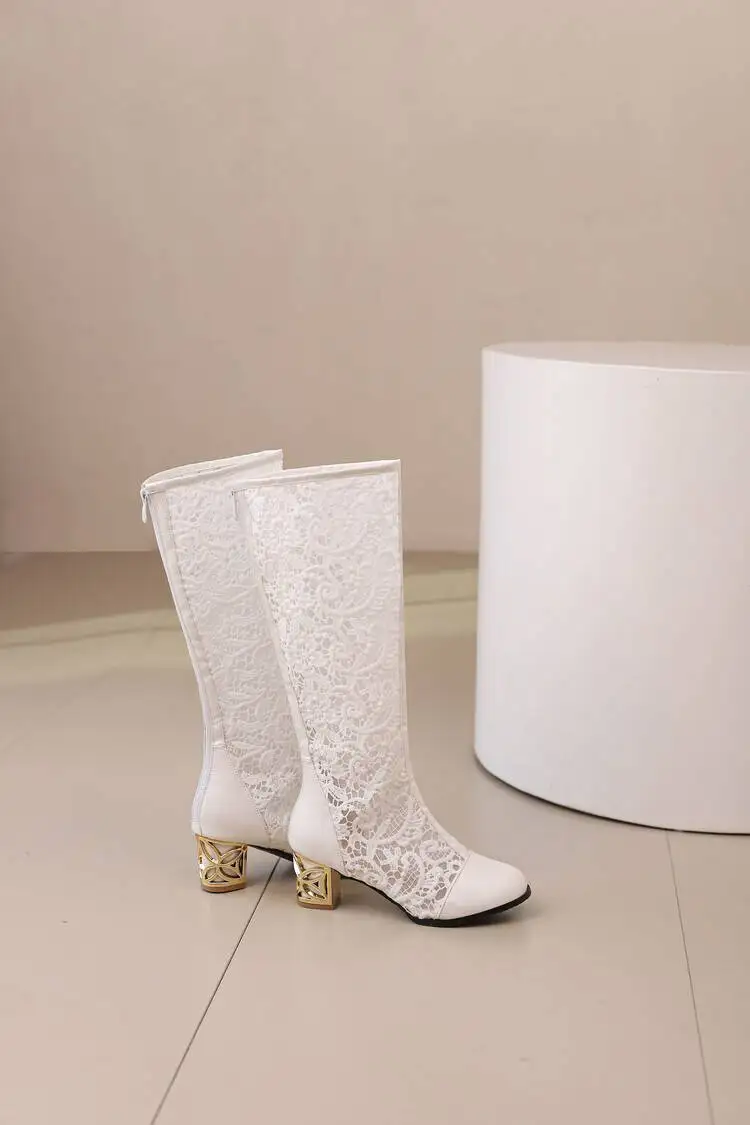 Spring and Autumn New Style Fashion square Heel Mesh Hollow Women's Boots Sweet Breathable knee high boots high 5.5cm size 34-47