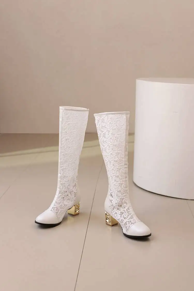 Spring and Autumn New Style Fashion square Heel Mesh Hollow Women's Boots Sweet Breathable knee high boots high 5.5cm size 34-47