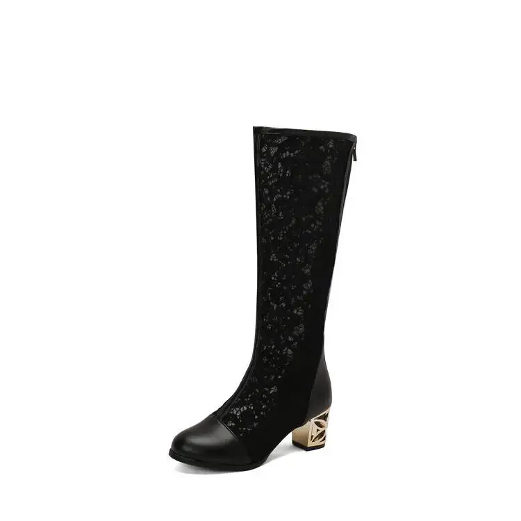 Spring and Autumn New Style Fashion square Heel Mesh Hollow Women's Boots Sweet Breathable knee high boots high 5.5cm size 34-47