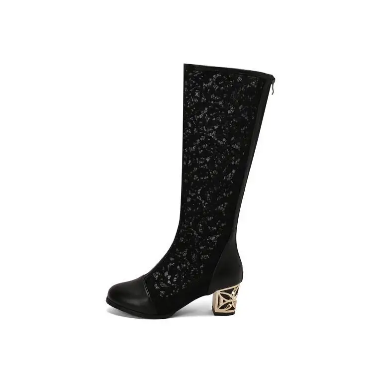 Spring and Autumn New Style Fashion square Heel Mesh Hollow Women's Boots Sweet Breathable knee high boots high 5.5cm size 34-47