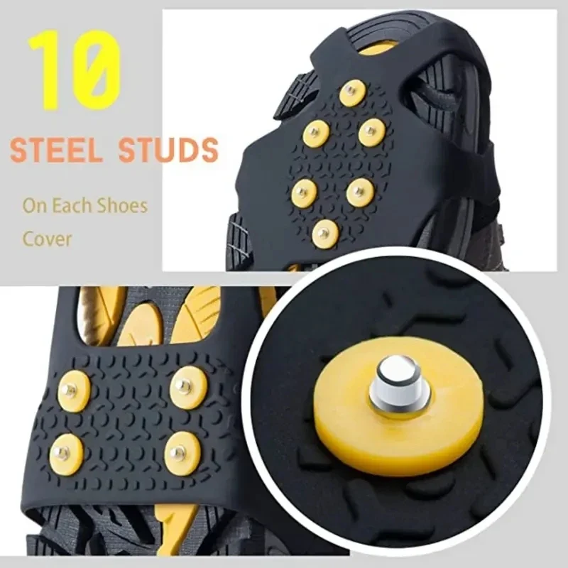 2pcs 10 Steel Studs Crampons Snow Grips Cleats for Ice and Snow Anti-Slip Rubber Traction Cleats Hiking Walking Climbing Jogging