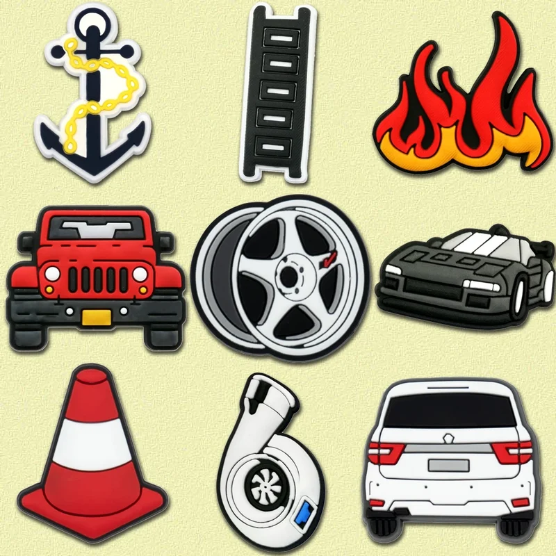 1/9pcs Cruel Jeep Sports Car Shoe Charms for Boys Kids Gift Turbine Hub Shoe Decoration Accessories Ship's Anchor Pin Clog